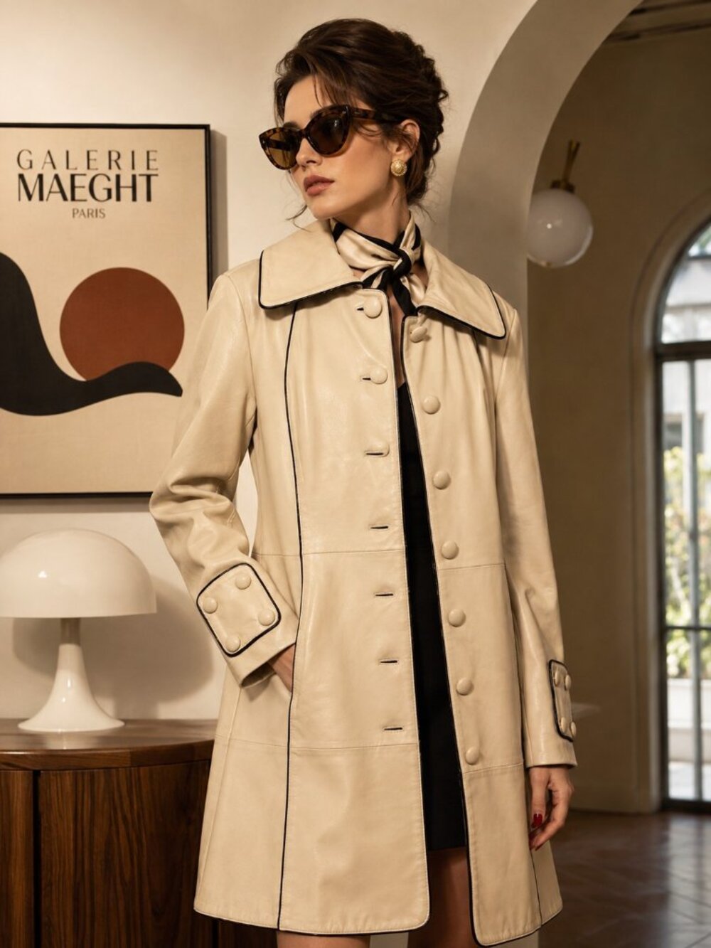 Vintage Wilsons Leather Cream Leather Coat Black Piping | Retro Mod | Sz L